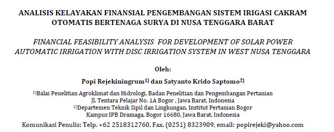 ANALISIS KELAYAKAN FINANSIAL PENGEMBANGAN SISTEM IRIGASI CAKRAM OTOMATIS BERTENAGA SURYA DI NUSA TENGGARA BARAT