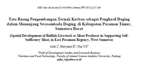 Tata Ruang Pengembangan Ternak Kerbau sebagai Penghasil Daging dalam Menunjang Swasembada Daging, di Kabupaten Pasaman Timur, Sumatera Barat