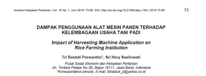 DAMPAK PENGGUNAAN ALAT MESIN PANEN TERHADAP KELEMBAGAAN USAHA TANI PADI