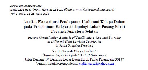 Analisis Konstribusi Pendapatan Usahatani Kelapa Dalam pada Perkebunan Rakyat di Tipologi Lahan Pasang Surut Provinsi Sumatera Selatan