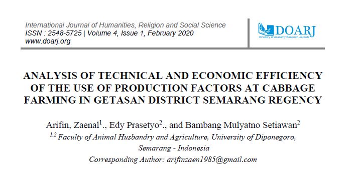 ANALYSIS OF TECHNICAL AND ECONOMIC EFFICIENCY OF THE USE OF PRODUCTION FACTORS AT CABBAGE FARMING IN GETASAN DISTRICT SEMARANG REGENCY