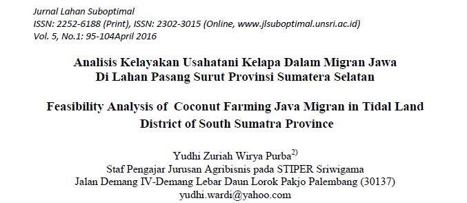 Analisis Kelayakan Usahatani Kelapa Dalam Migran Jawa Di Lahan Pasang Surut Provinsi Sumatera Selatan