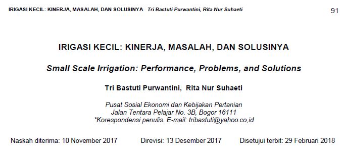 IRIGASI KECIL: KINERJA, MASALAH, DAN SOLUSINYA Small Scale Irrigation: Performance, Problems, and Solutions