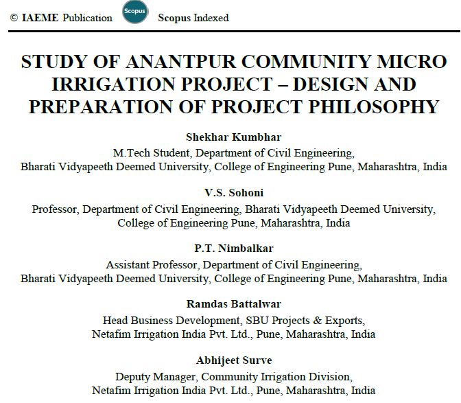 STUDY OF ANANTPUR COMMUNITY MICRO IRRIGATION PROJECT – DESIGN AND PREPARATION OF PROJECT PHILOSOPHY