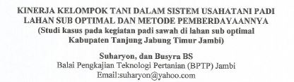 Kinerja Kelompok Tani dalam Sistem Usahatani Padi Lahan Sub Optimal dan Metode Pemberdayaannya-Jambi