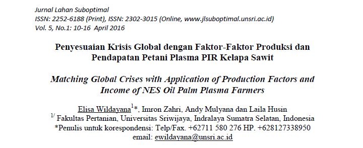 Penyesuaian Krisis Global dengan Faktor-Faktor Produksi dan Pendapatan Petani Plasma PIR Kelapa Sawit