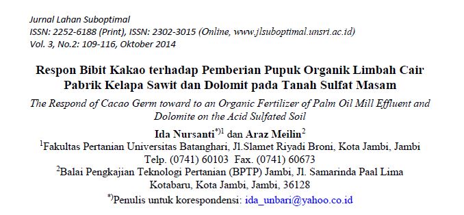 Respon Bibit Kakao terhadap Pemberian Pupuk Organik Limbah Cair Pabrik Kelapa Sawit dan Dolomit pada Tanah Sulfat Masam