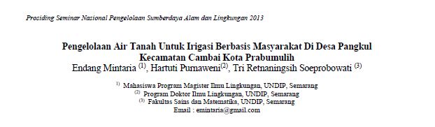 Pengelolaan Air Tanah Untuk Irigasi Berbasis Masyarakat Di Desa Pangkul Kecamatan Cambai Kota Prabumulih