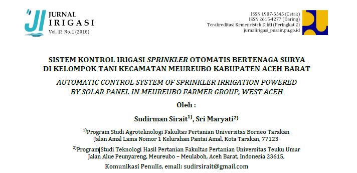 SISTEM KONTROL IRIGASI SPRINKLER OTOMATIS BERTENAGA SURYA DI KELOMPOK TANI KECAMATAN MEUREUBO KABUPATEN ACEH BARAT