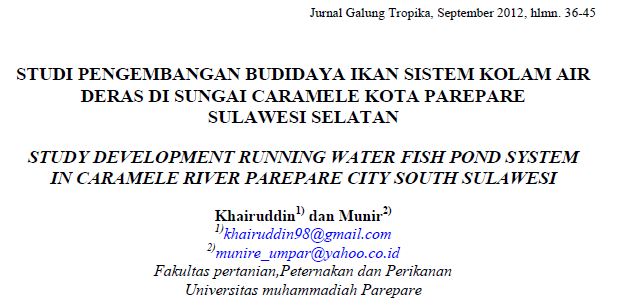 STUDI PENGEMBANGAN BUDIDAYA IKAN SISTEM KOLAM AIR DERAS DI SUNGAI CARAMELE KOTA PAREPARE SULAWESI SELATAN