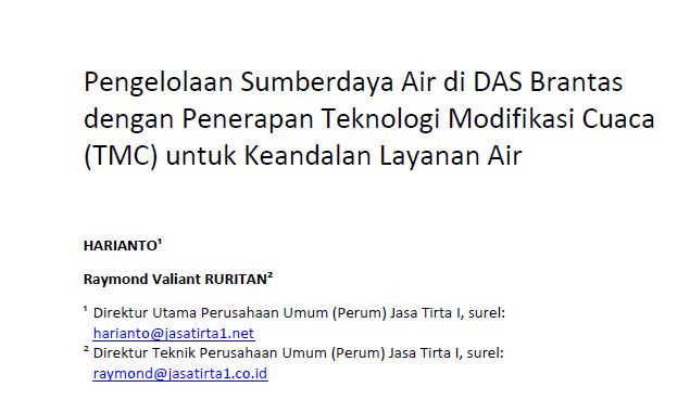 Pengelolaan Sumberdaya Air di DAS Brantas dengan Penerapan Teknologi Modifikasi Cuaca (TMC) untuk Keandalan Layanan Air