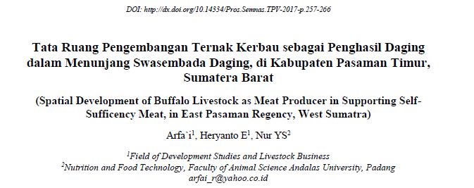 Tata Ruang Pengembangan Ternak Kerbau sebagai Penghasil Daging dalam Menunjang Swasembada Daging, di Kabupaten Pasaman Timur, Sumatera Barat